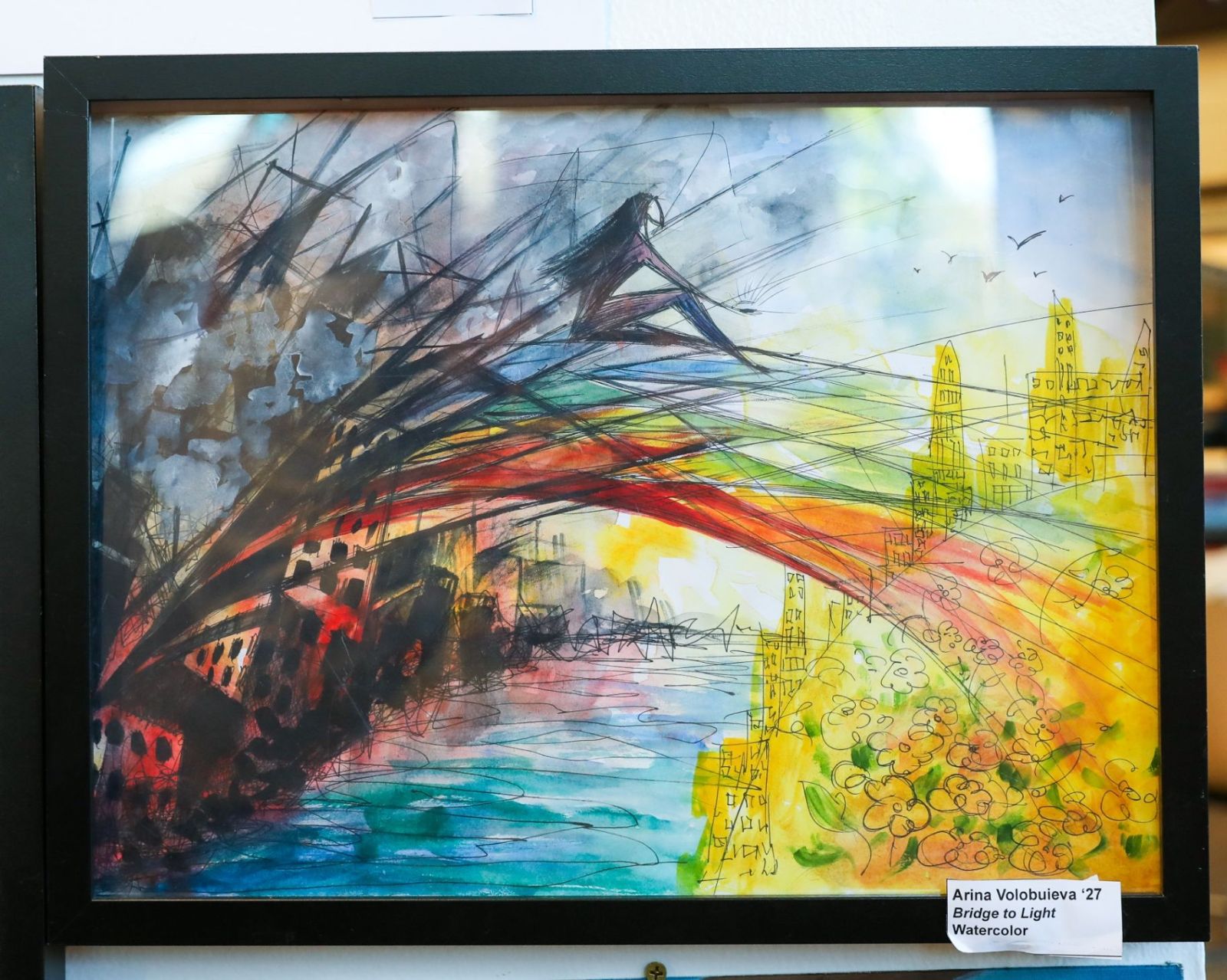 Watercolor cityscape bridge painting by a Studio Art student