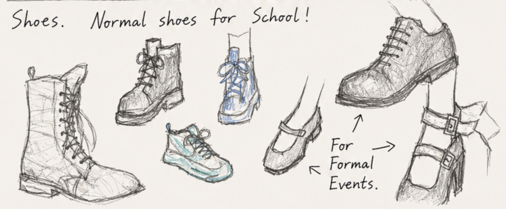 Hand-drawn sketches of acceptable footwear — boots, sneakers, and dress shoes
