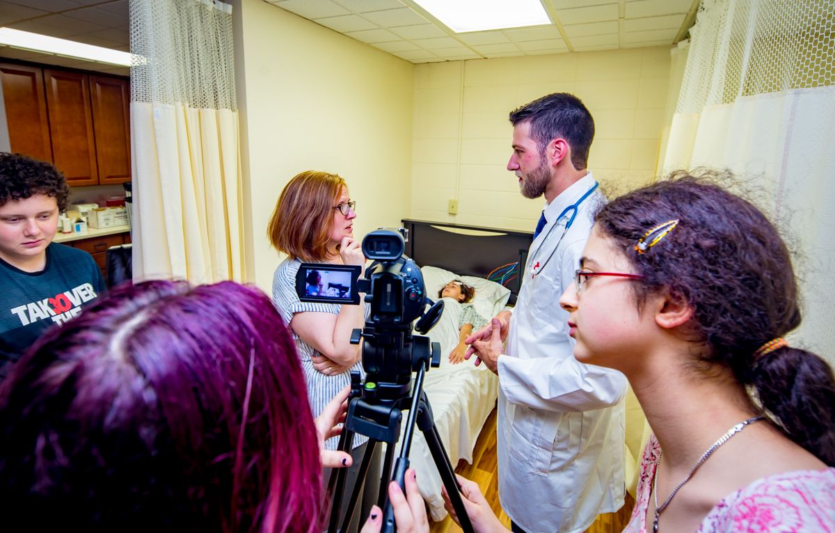 A scene takes shape in a student film production.
