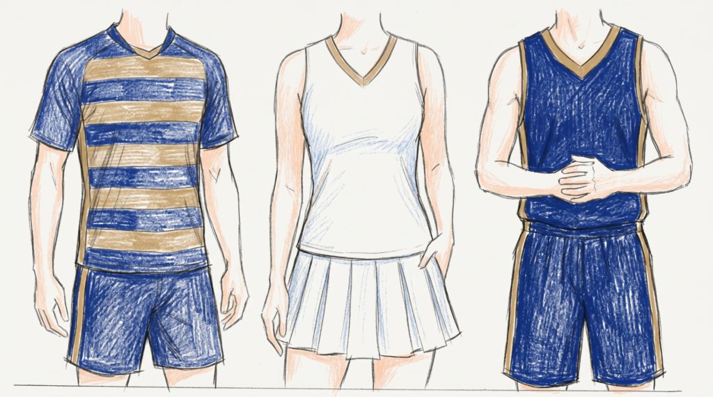 Hand-drawn sketches of athletic apparel — soccer jersey, tennis outfit, and basketball uniform