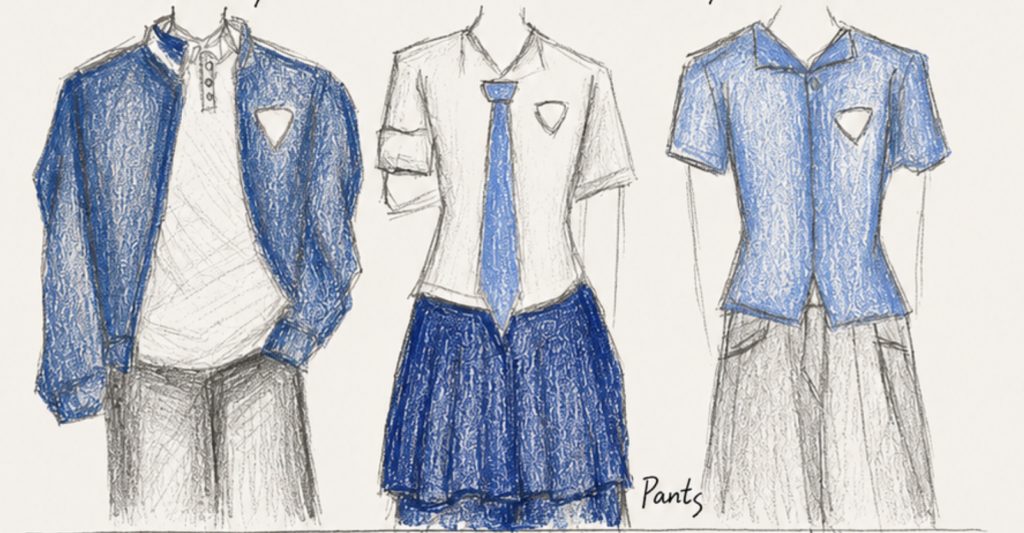Hand-drawn sketches of uniform bottoms — chinos, pleated skirt, and shorts