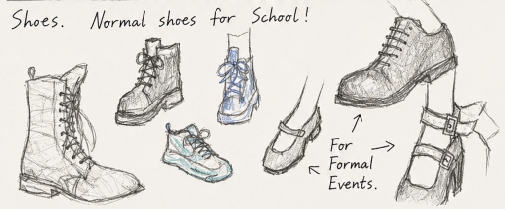 Hand-drawn sketches of acceptable footwear — boots, sneakers, and dress shoes