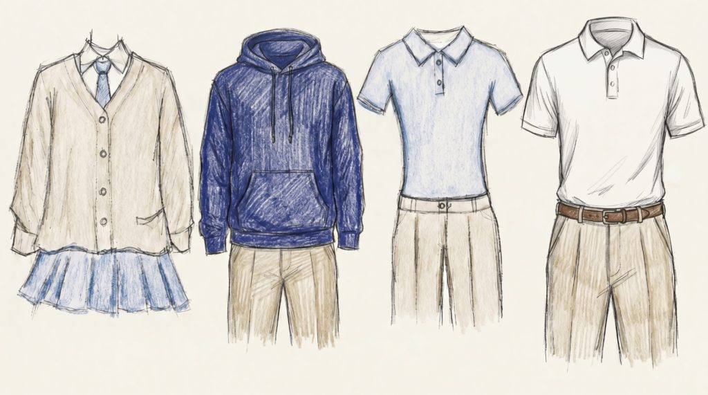 Hand-drawn sketches of cardigan, navy blazer, and light blue polo uniform tops