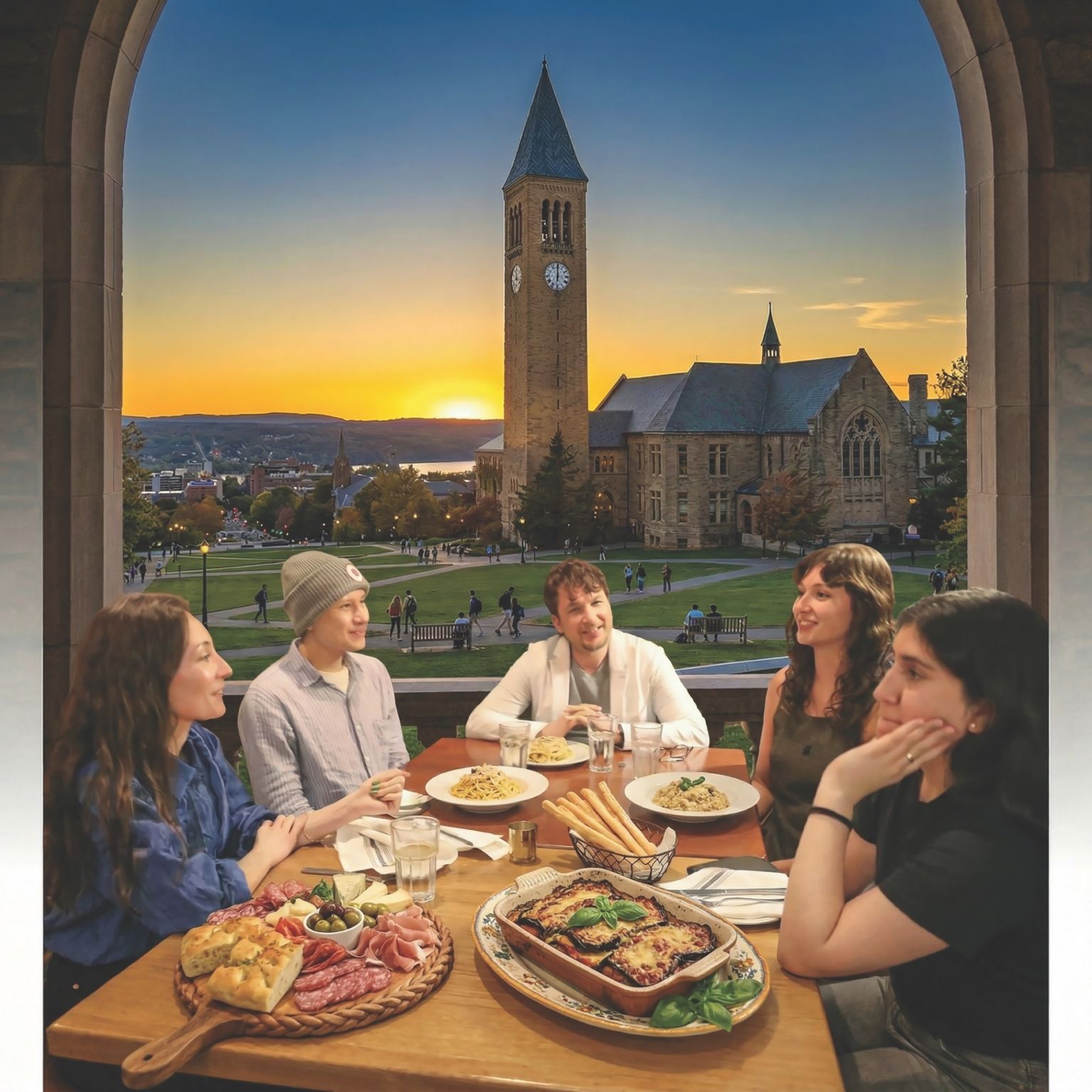A candlelit dinner table at Gola Osteria with Cornell's McGraw Tower visible at sunset.