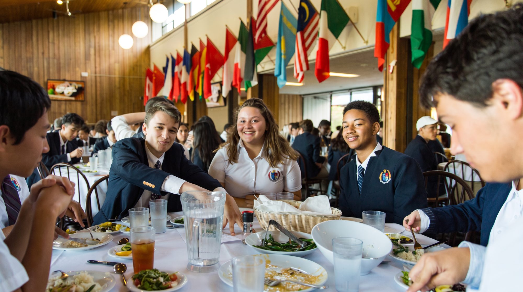 Students at lunch in the dining hall beneath the international flags
