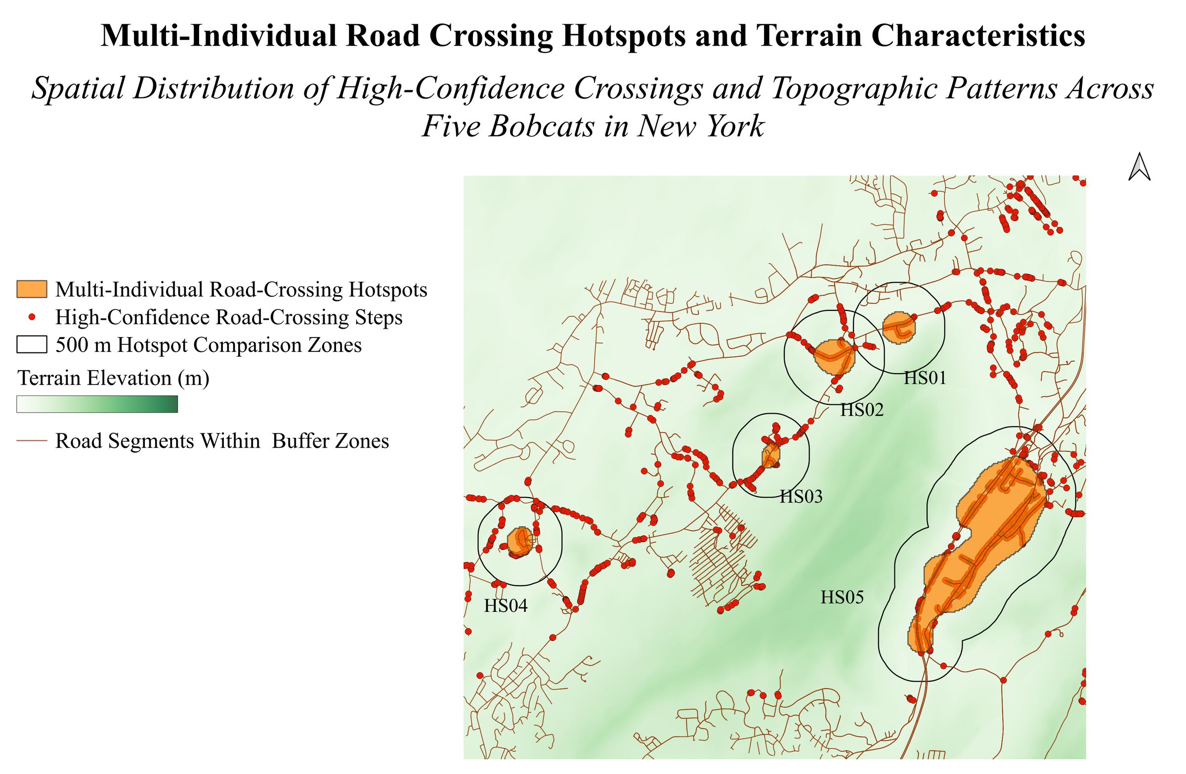 Terrain map showing five road-crossing hotspots shared by multiple Black Rock Forest bobcats, with inferred crossing points along roads