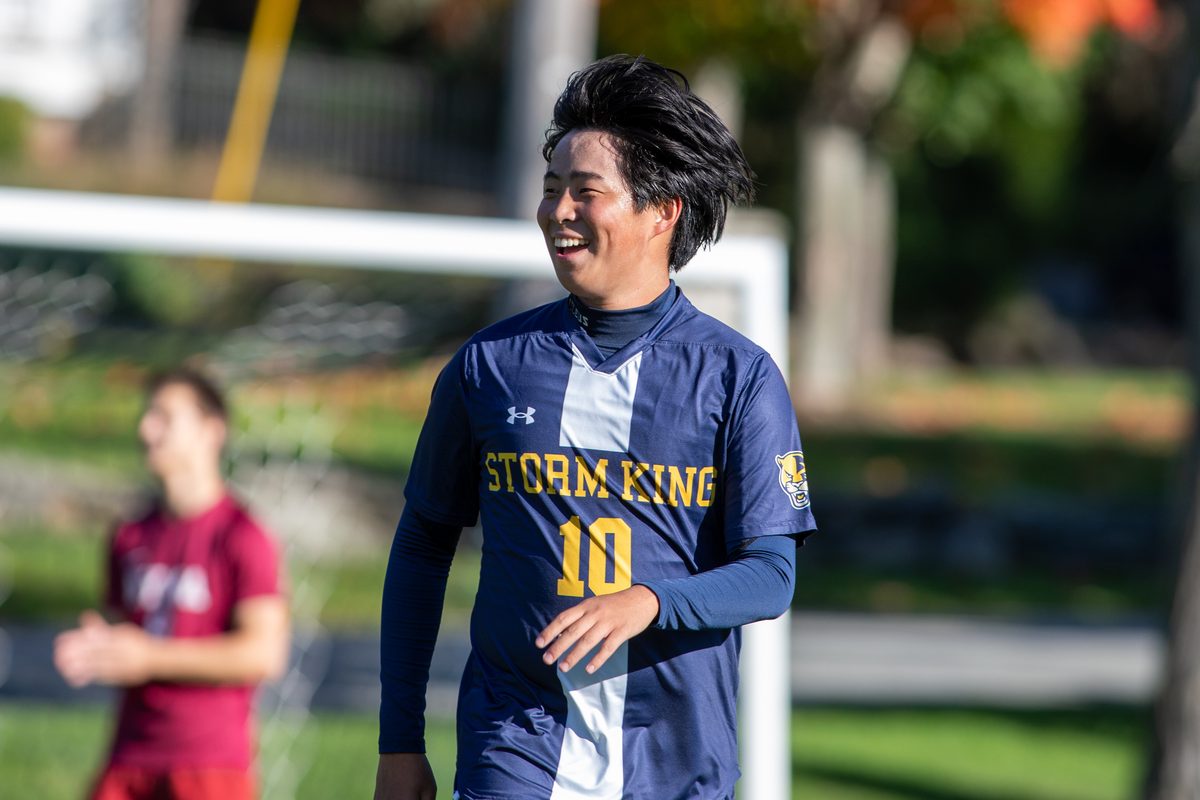 Smiling Storm King boys varsity soccer player during the Cougars’ win over NYMA