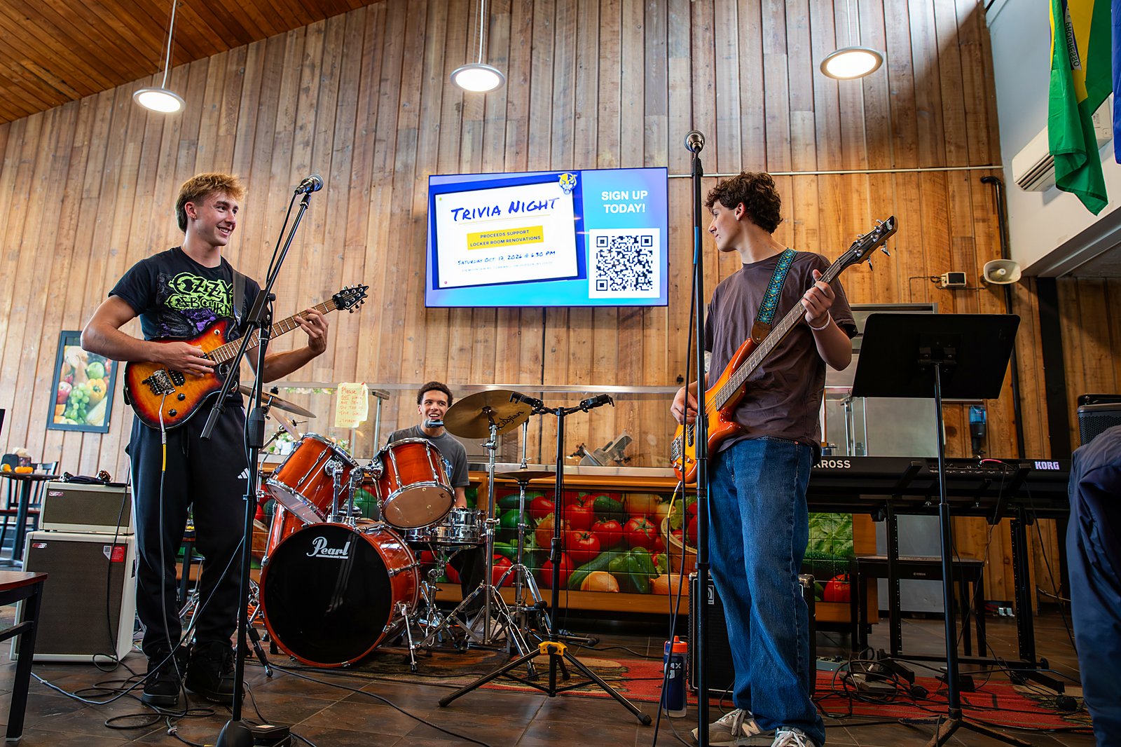 The SKS Rock Band performs for families in Henderson Dining Hall during Fall Family Weekend at The Storm King School