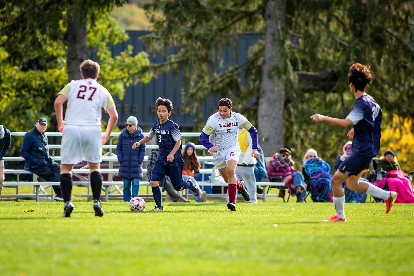 Storm King boys soccer team plays Woodhall on the main field during Fall Family Weekend